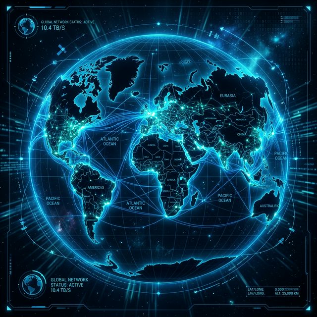 A globally connected world map stylized with glowing digital nodes and lines in ocean blue and neon cyan colors on a dark background. High tech futuristic design. No people.